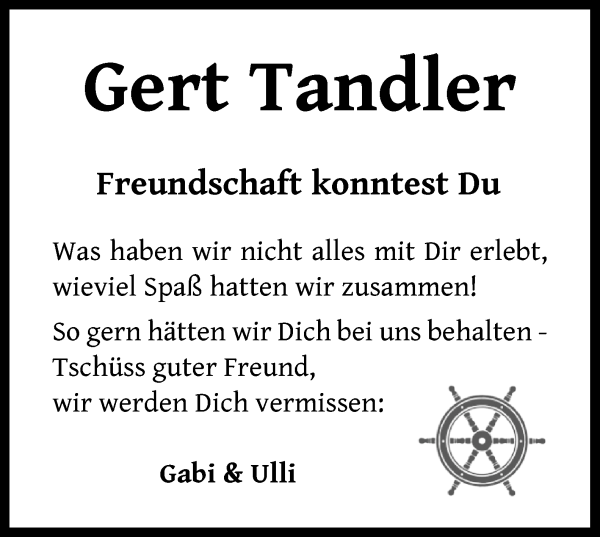 Traueranzeige von Gert Tandler von WESER-KURIER