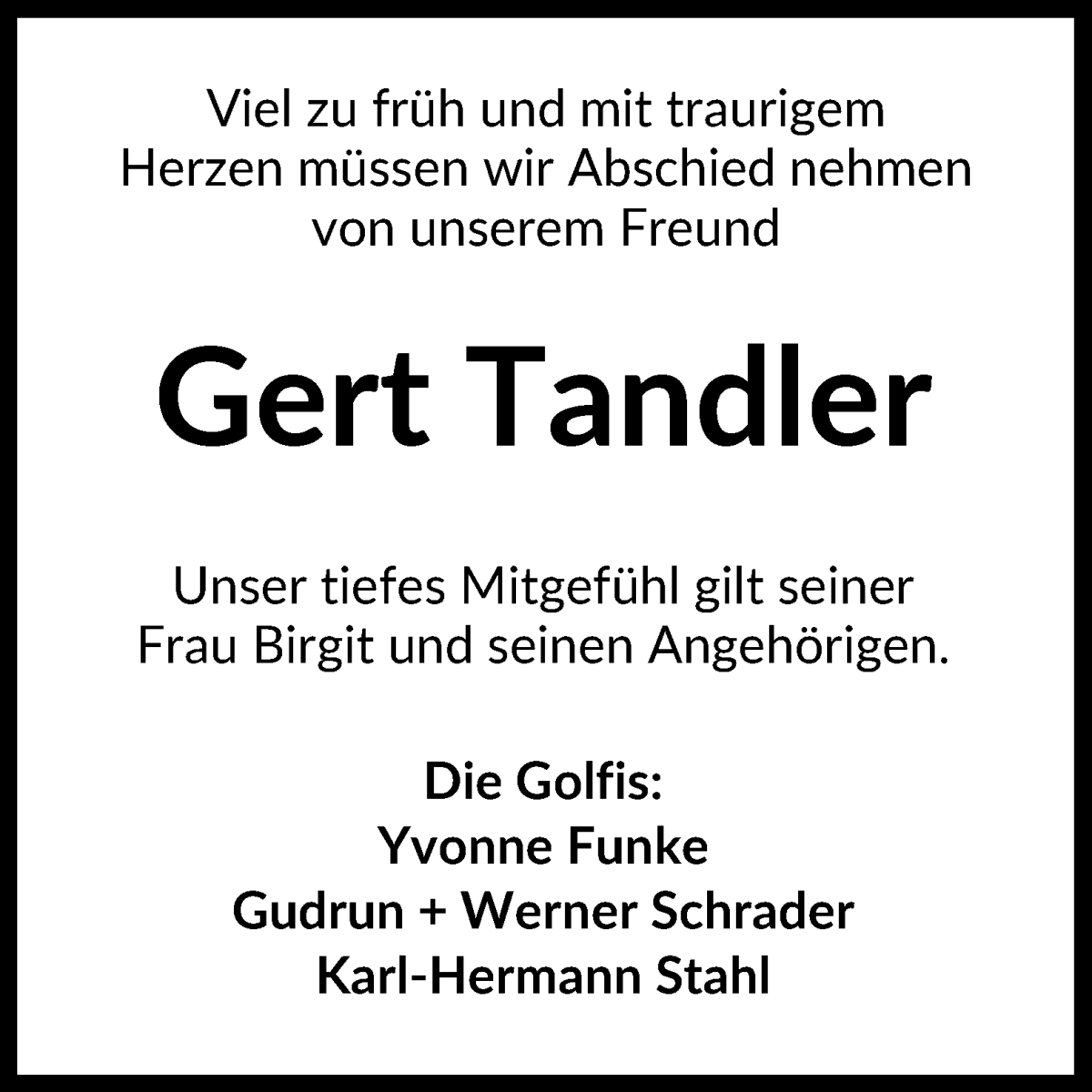 Traueranzeige von Gert Tandler von WESER-KURIER
