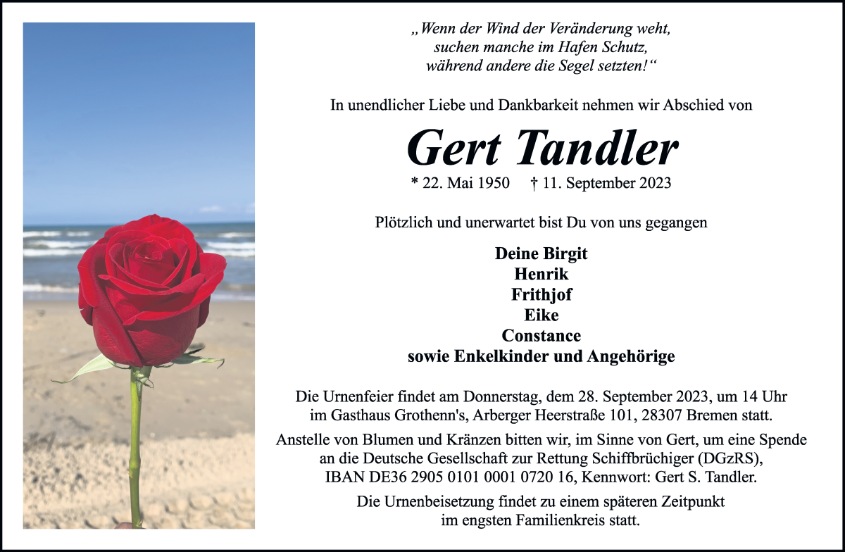 Traueranzeige von Gert Tandler von WESER-KURIER