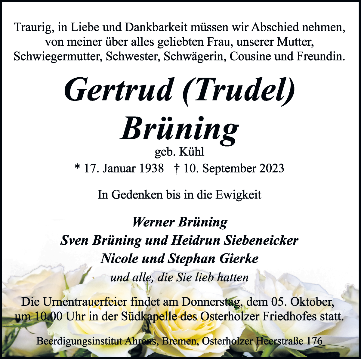Traueranzeige von Gertrud Brüning von WESER-KURIER