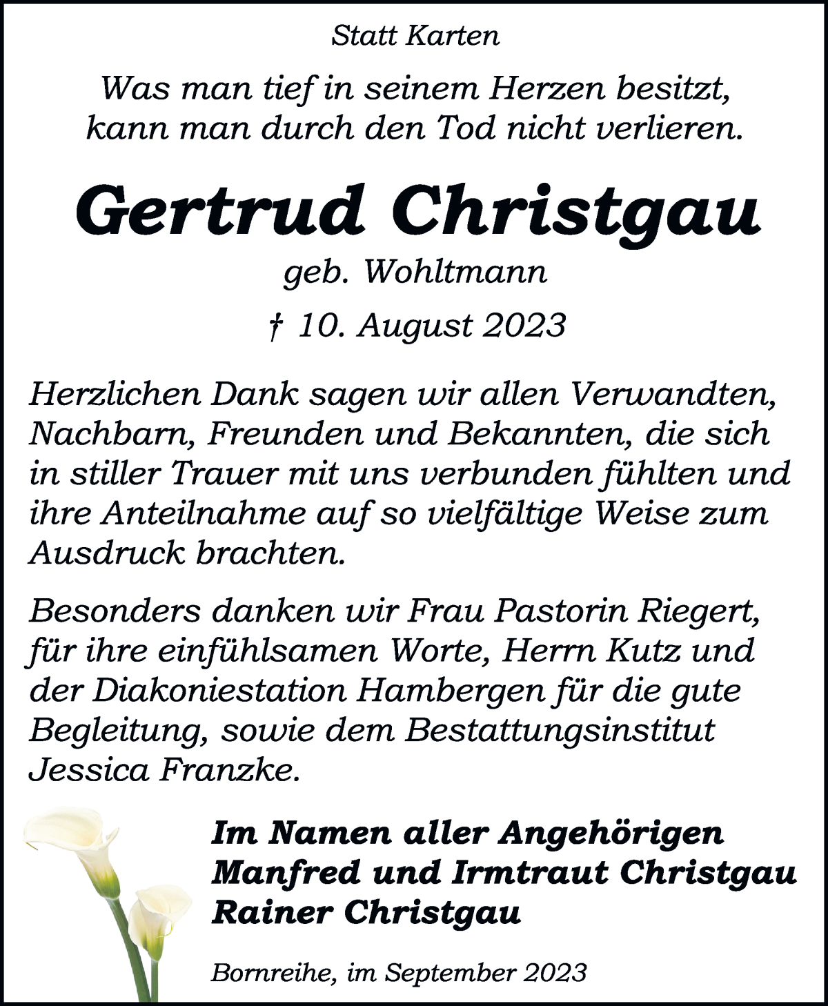 Traueranzeige von Gertrud Christgau von Osterholzer Kreisblatt