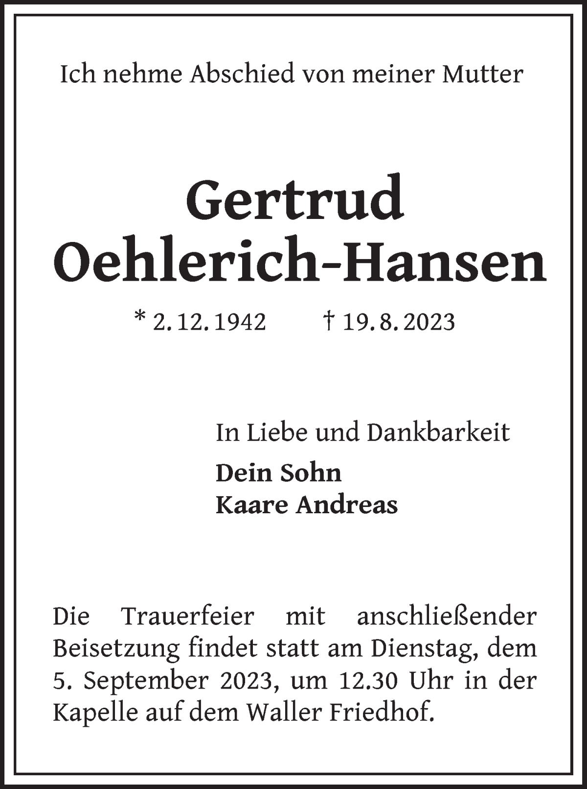 Traueranzeige von Gertrud Oehlerich-Hansen von WESER-KURIER