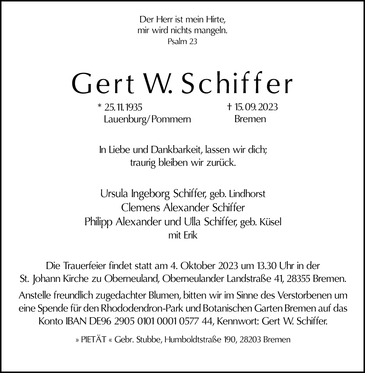 Traueranzeige von Gert W. Schiffer von WESER-KURIER