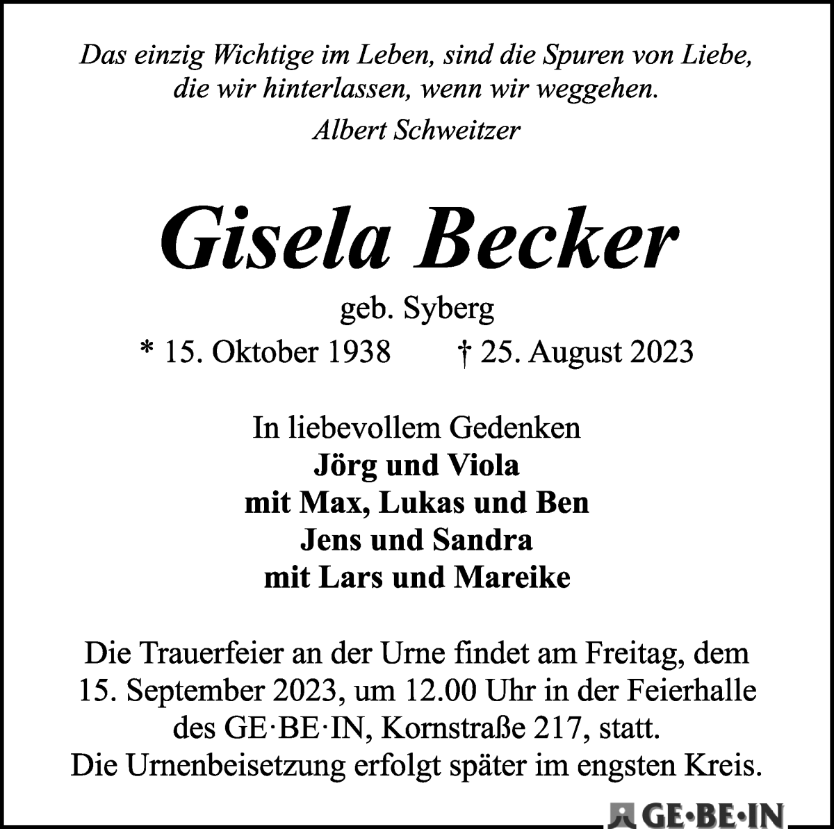 Traueranzeige von Gisela Becker von WESER-KURIER
