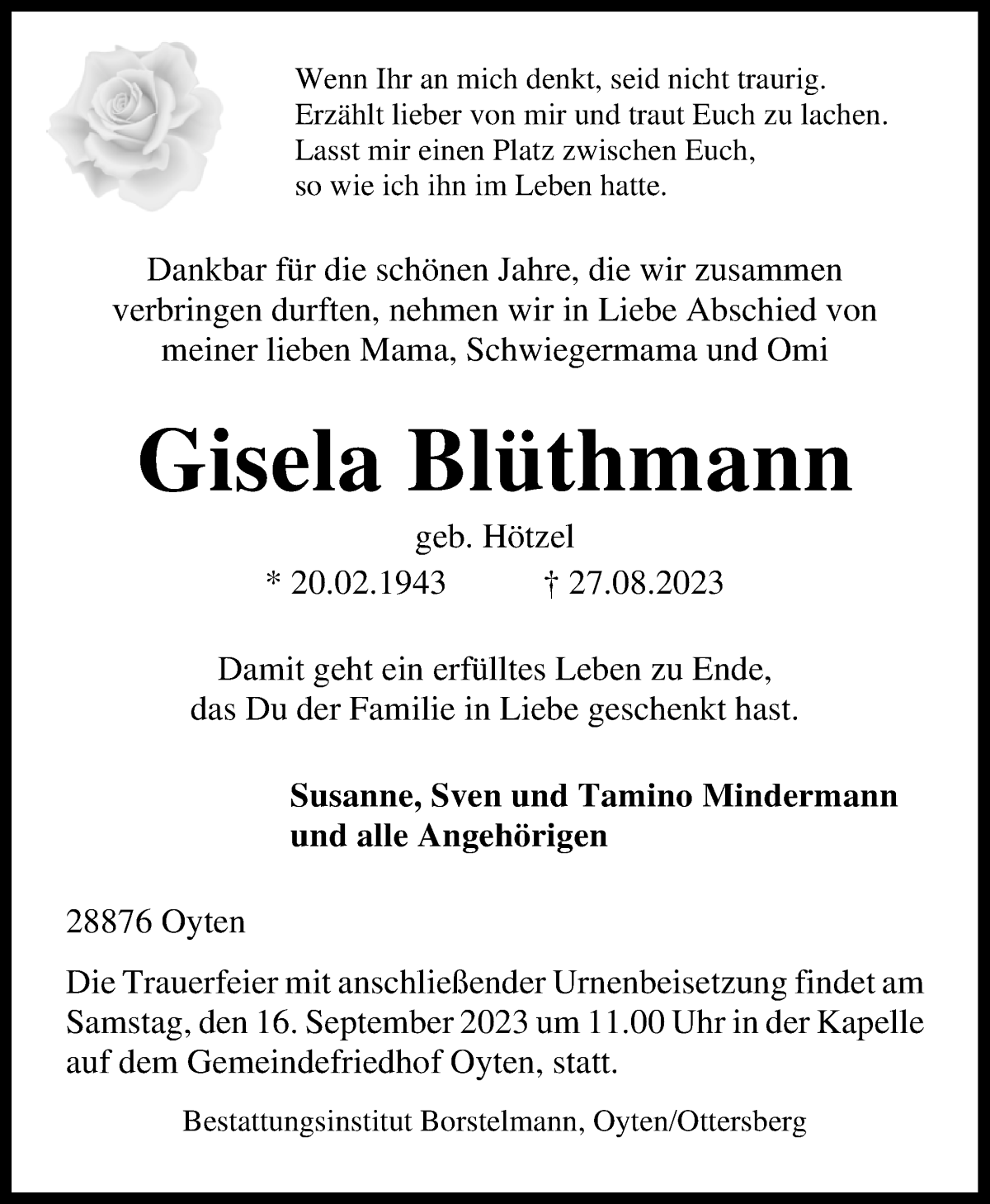 Traueranzeige von Gisela Blüthmann von WESER-KURIER