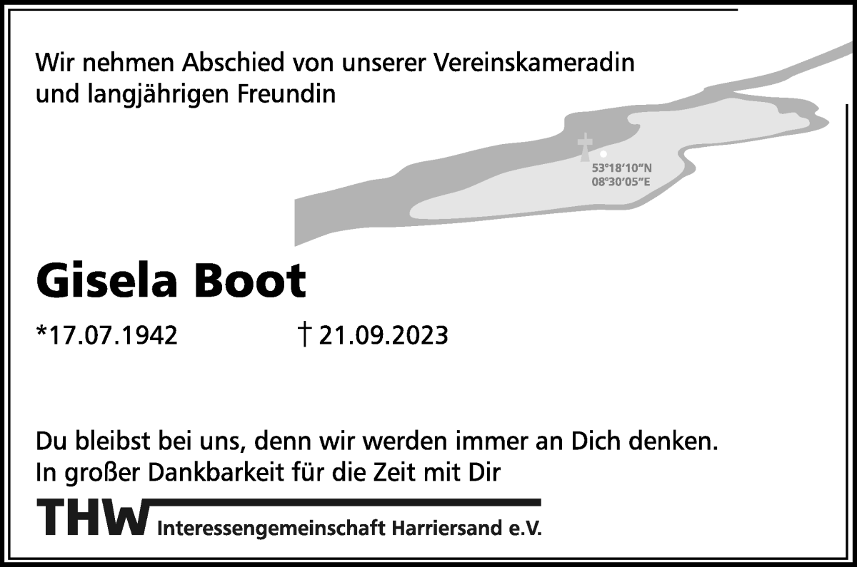 Traueranzeige von Gisela Boot von Die Norddeutsche