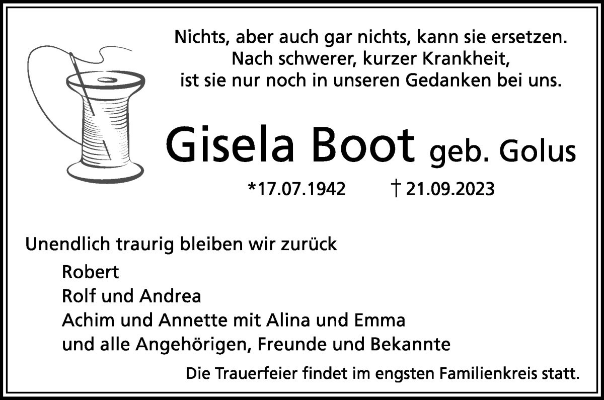 Traueranzeige von Gisela Boot von Die Norddeutsche