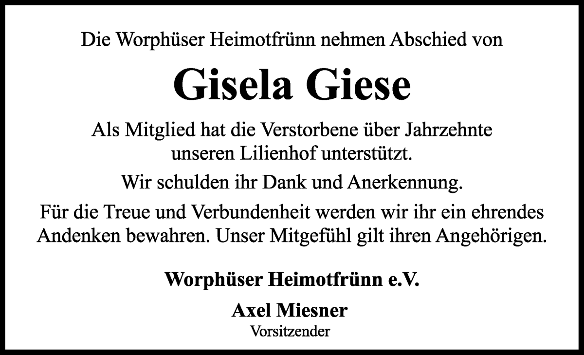 Traueranzeige von Gisela Giese von Wuemme Zeitung