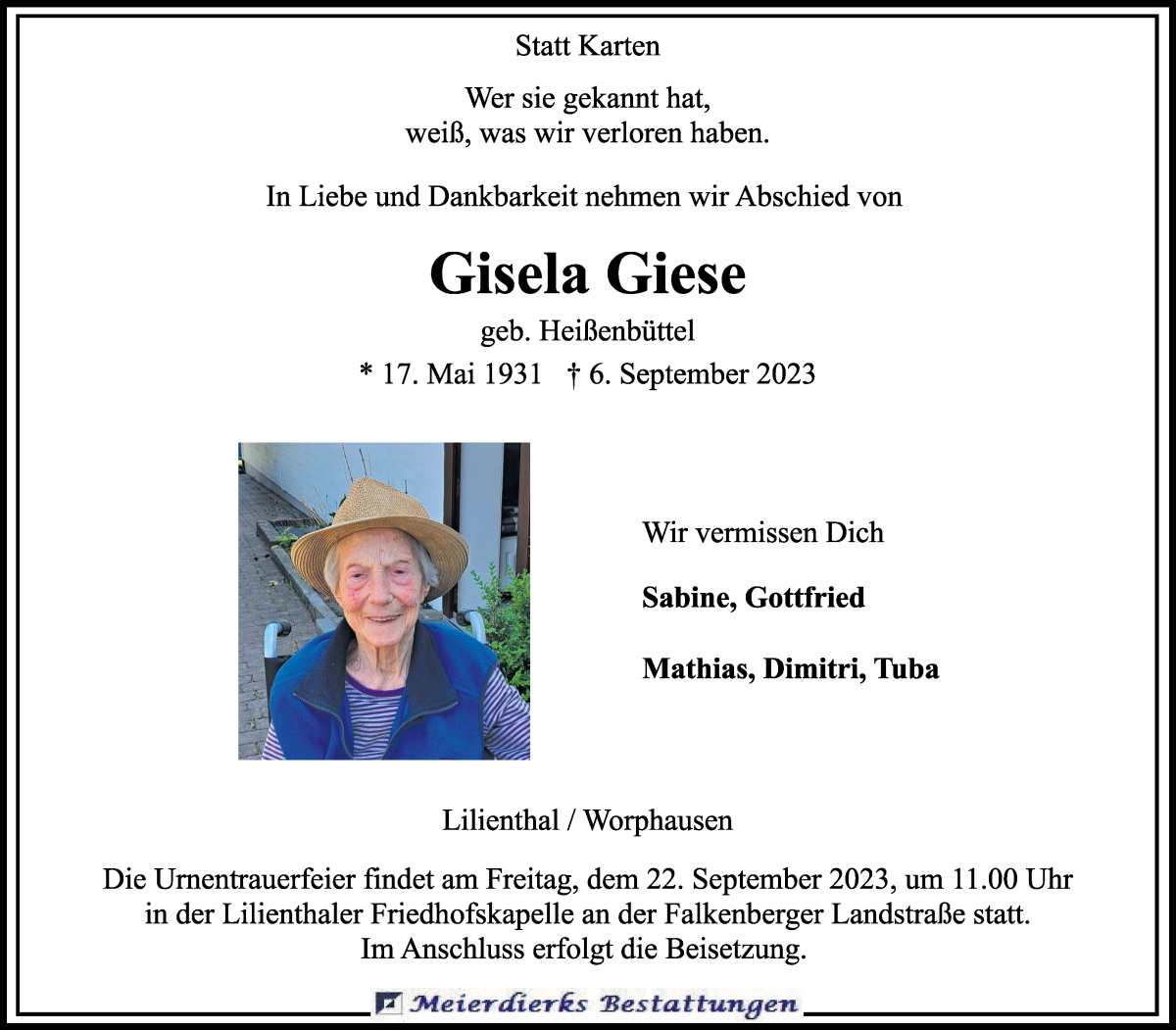 Traueranzeige von Gisela Giese von Wuemme Zeitung