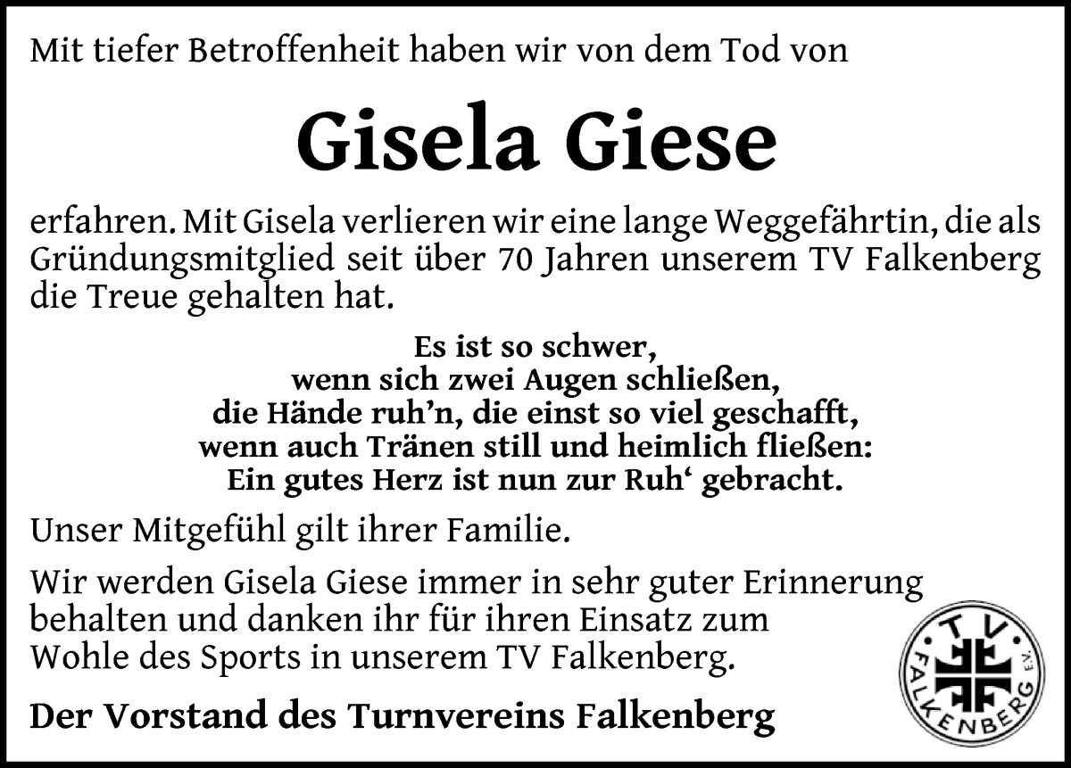 Traueranzeige von Gisela Giese von Wuemme Zeitung