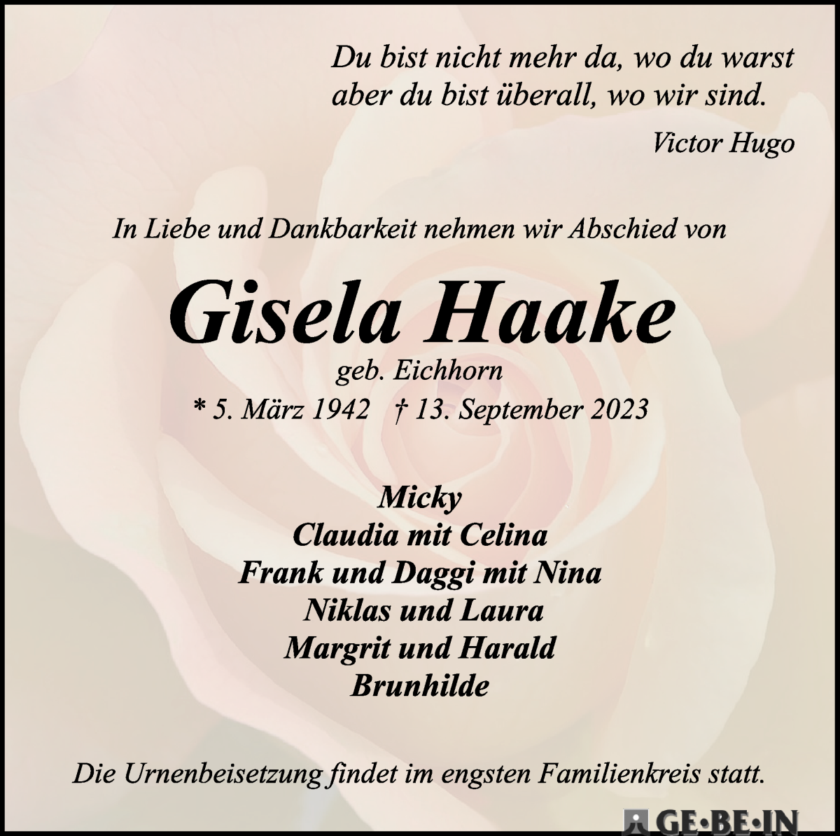 Traueranzeige von Gisela Haake von WESER-KURIER
