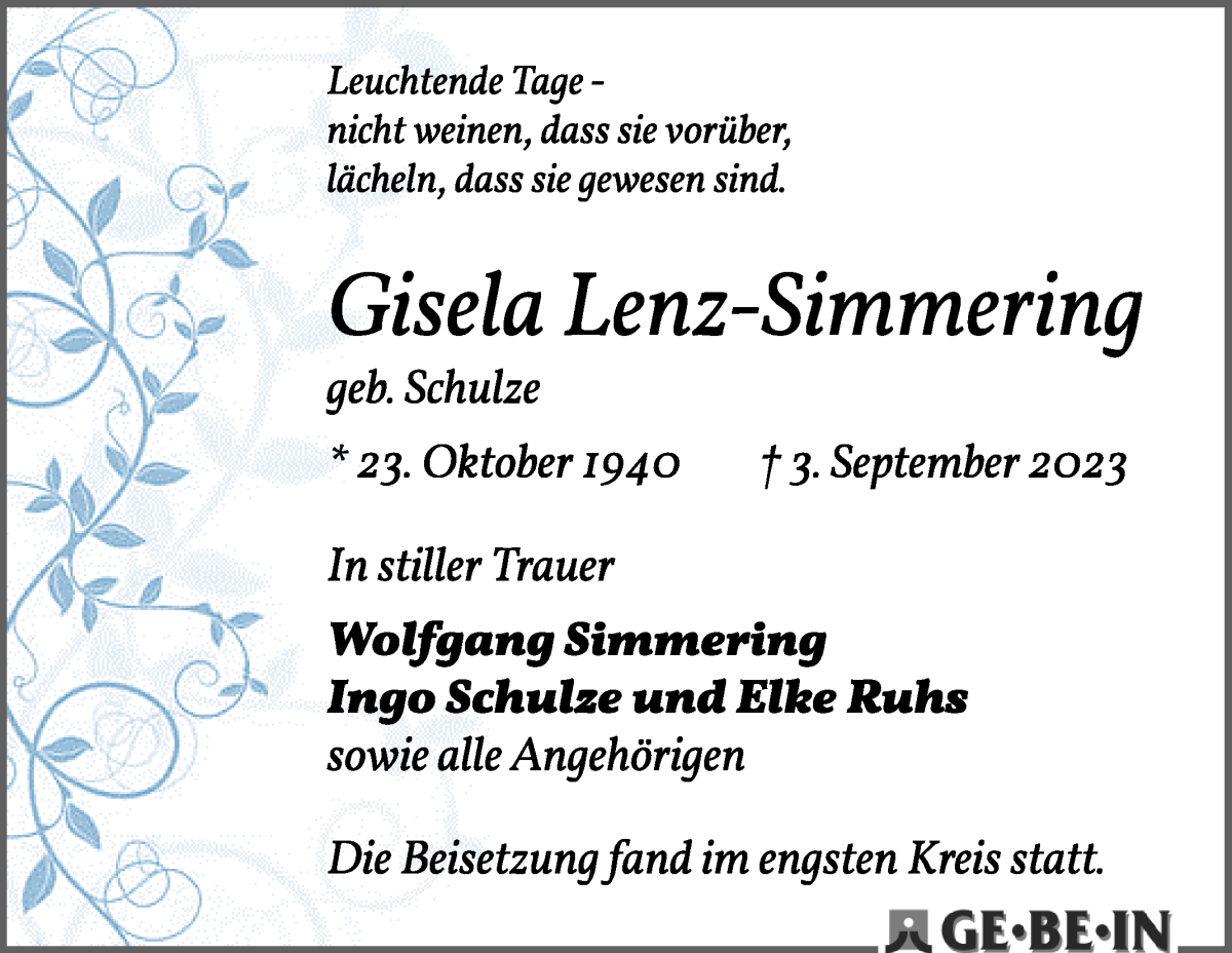 Traueranzeige von Gisela Lenz-Simmering von WESER-KURIER