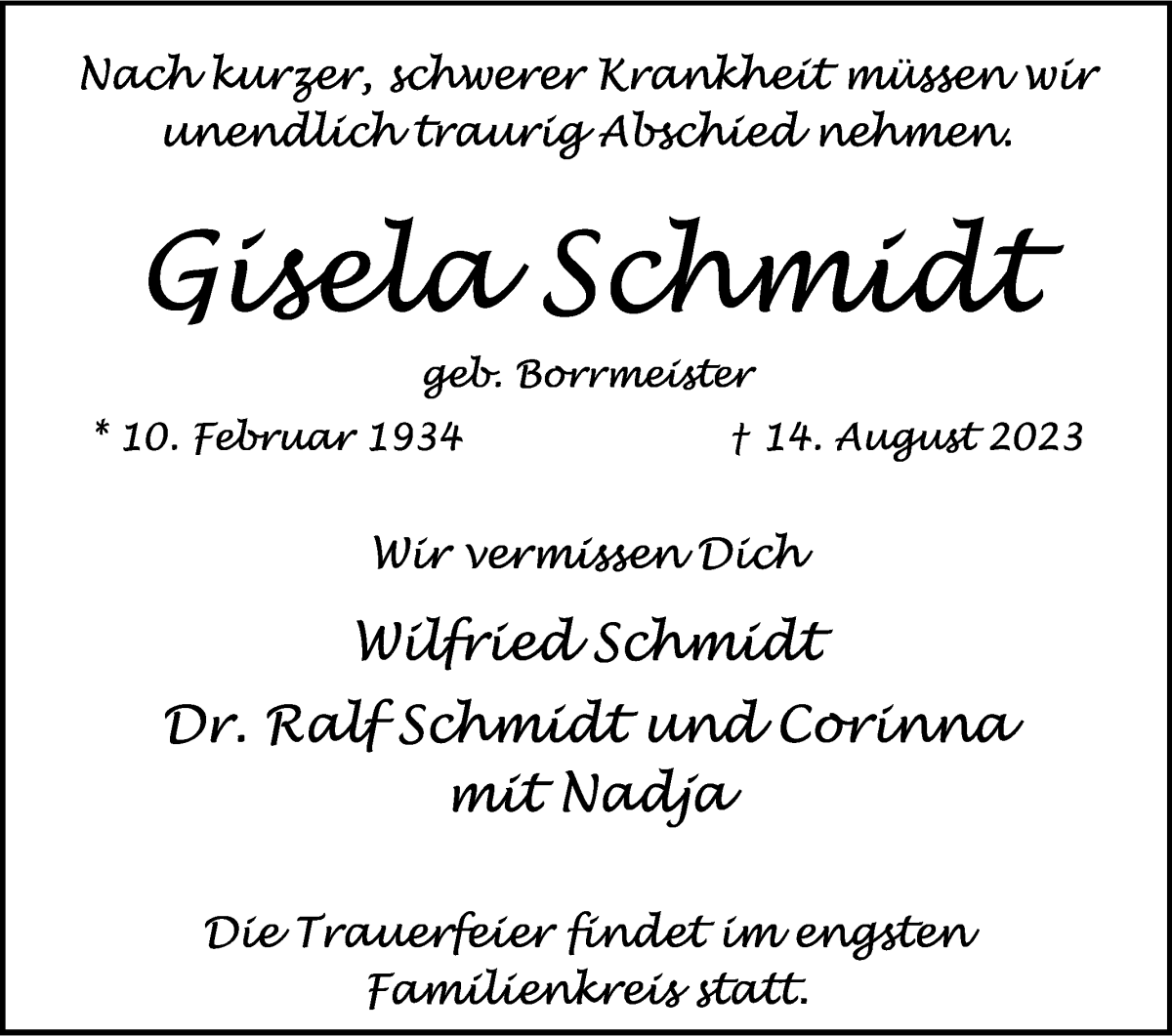 Traueranzeige von Gisela Schmidt von WESER-KURIER
