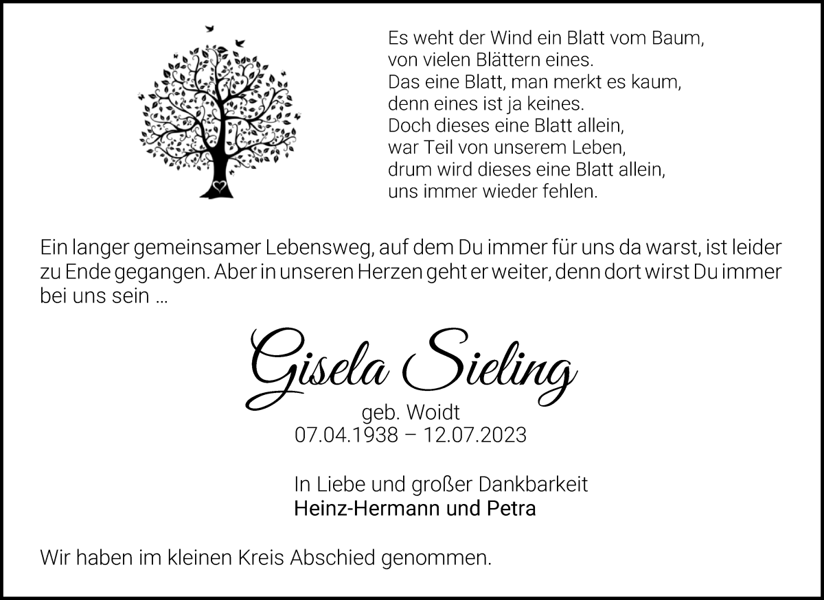 Traueranzeige von Gisela Sieling von WESER-KURIER