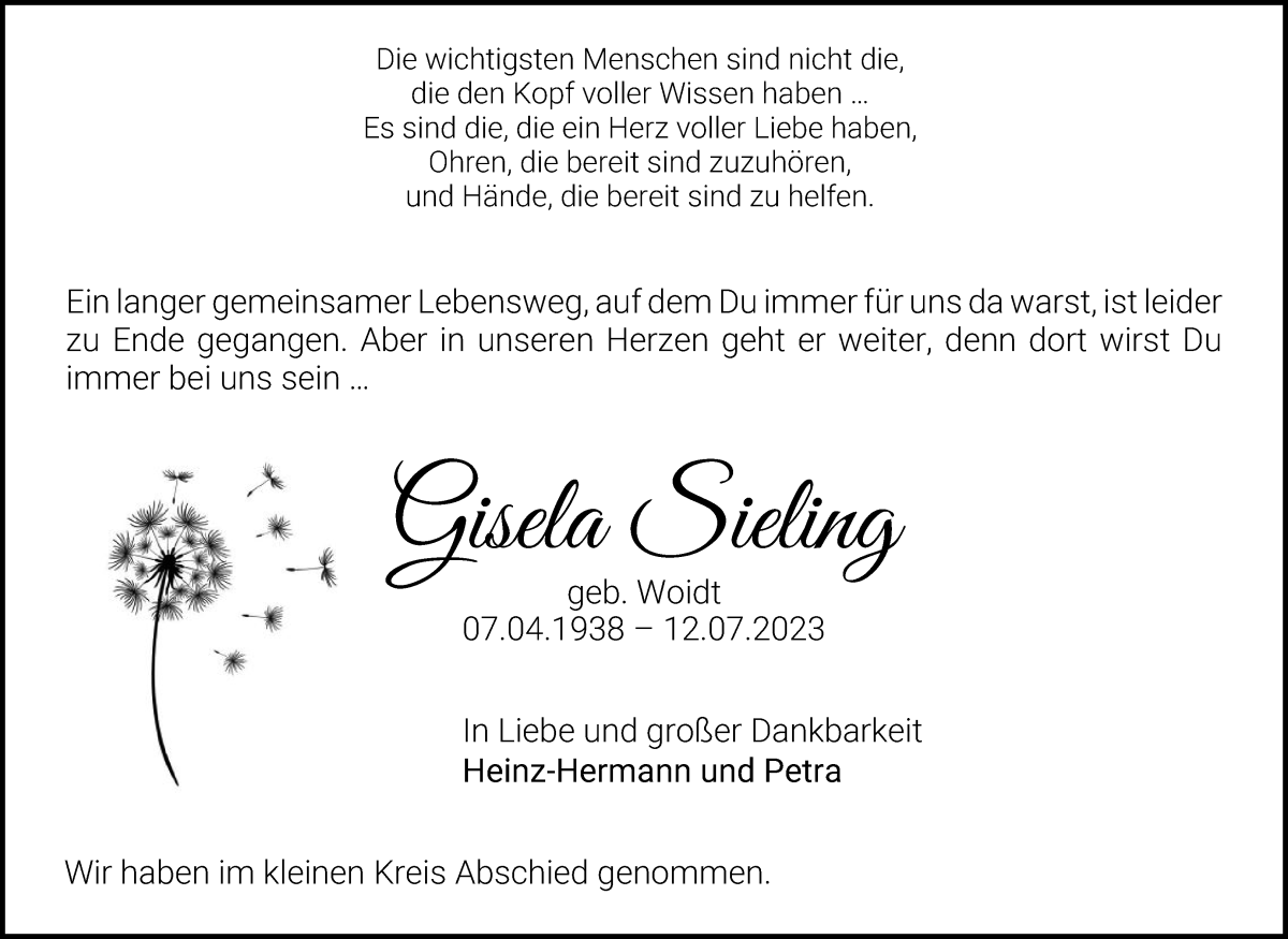 Traueranzeige von Gisela Sieling von Die Norddeutsche