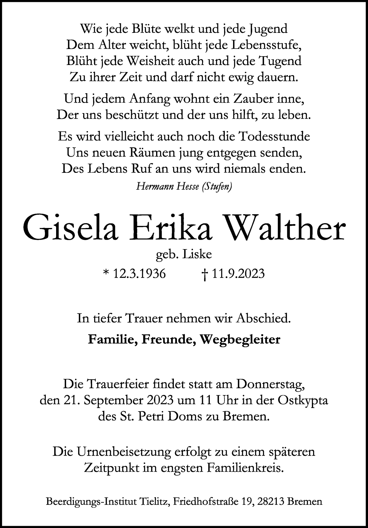 Traueranzeige von Gisela Erika Walther von WESER-KURIER