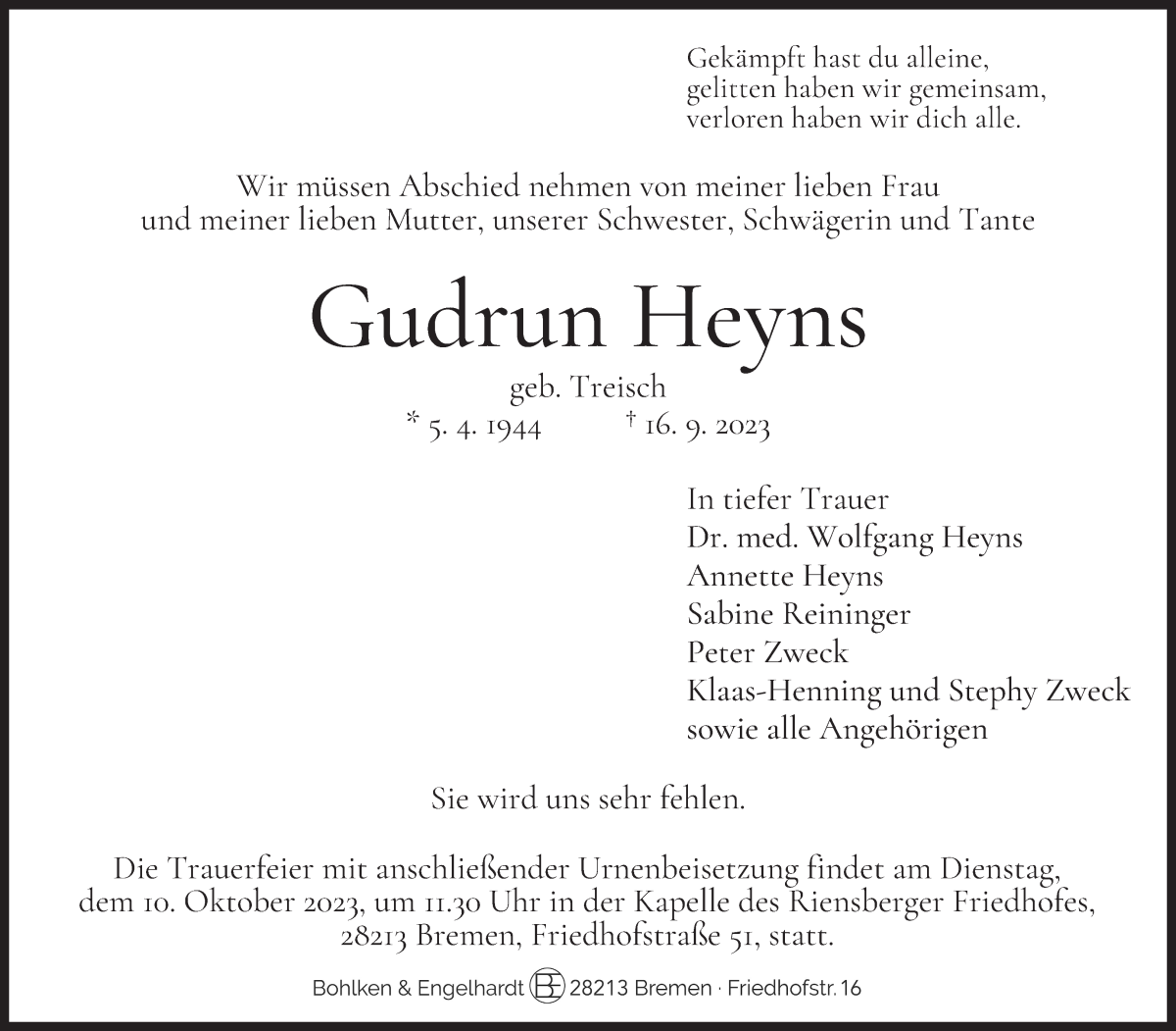 Traueranzeige von Gudrun Heyns von WESER-KURIER