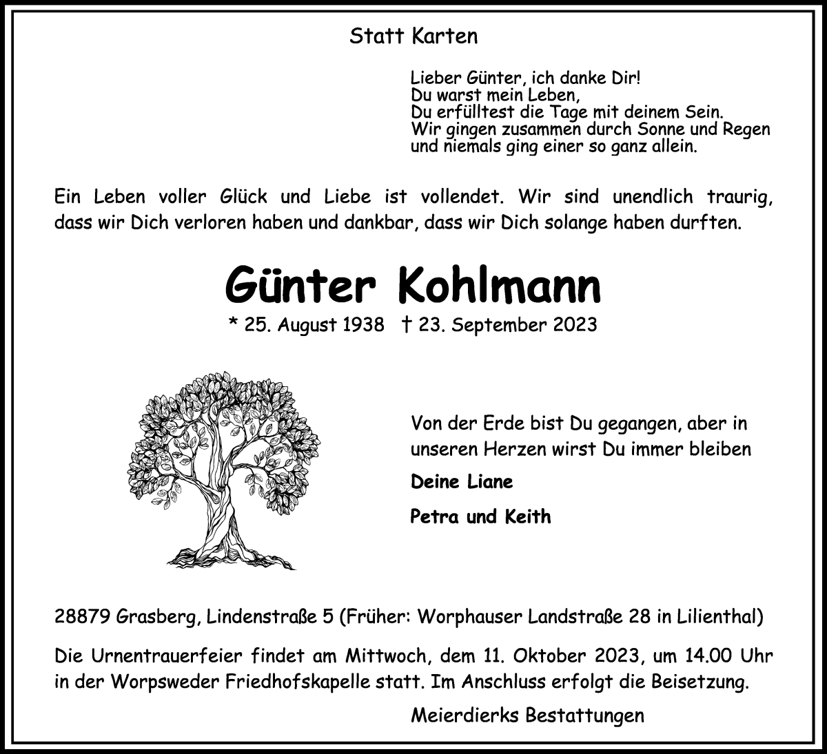 Traueranzeige von Günter Kohlmann von Wuemme Zeitung