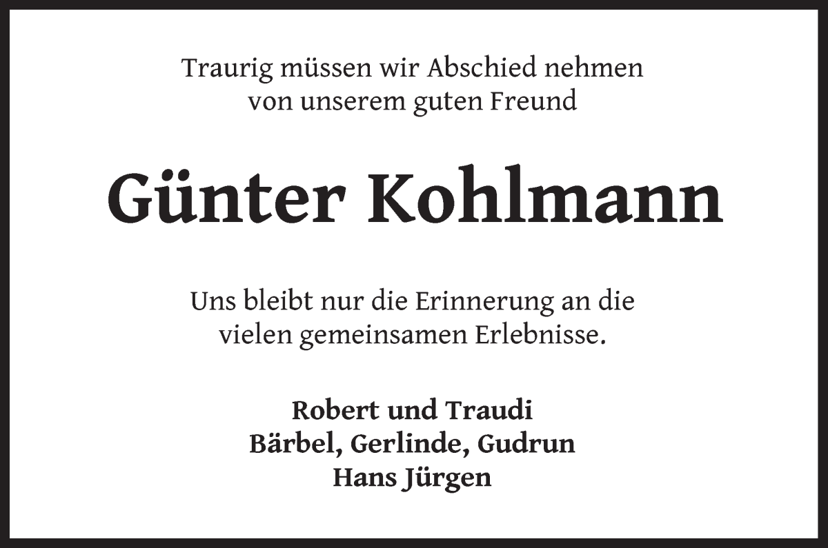 Traueranzeige von Günter Kohlmann von Wuemme Zeitung
