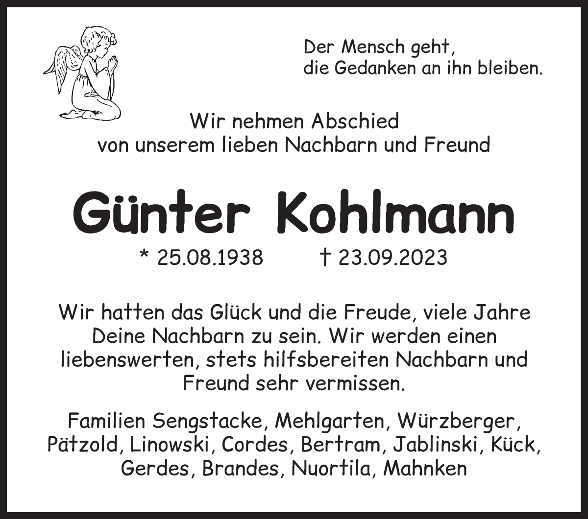Traueranzeige von Günter Kohlmann von Wuemme Zeitung