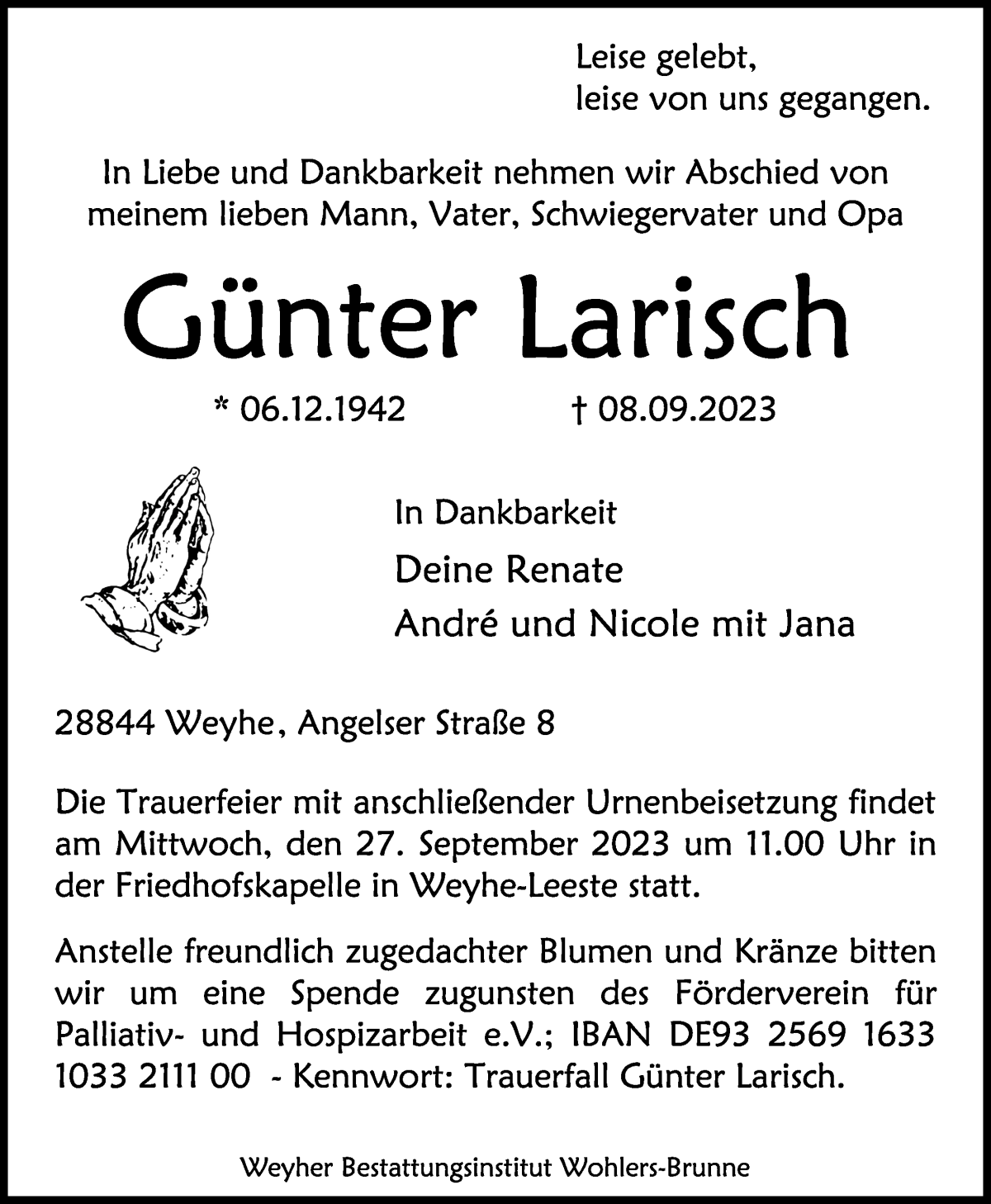 Traueranzeige von Günter Larisch von Regionale Rundschau/Syker Kurier