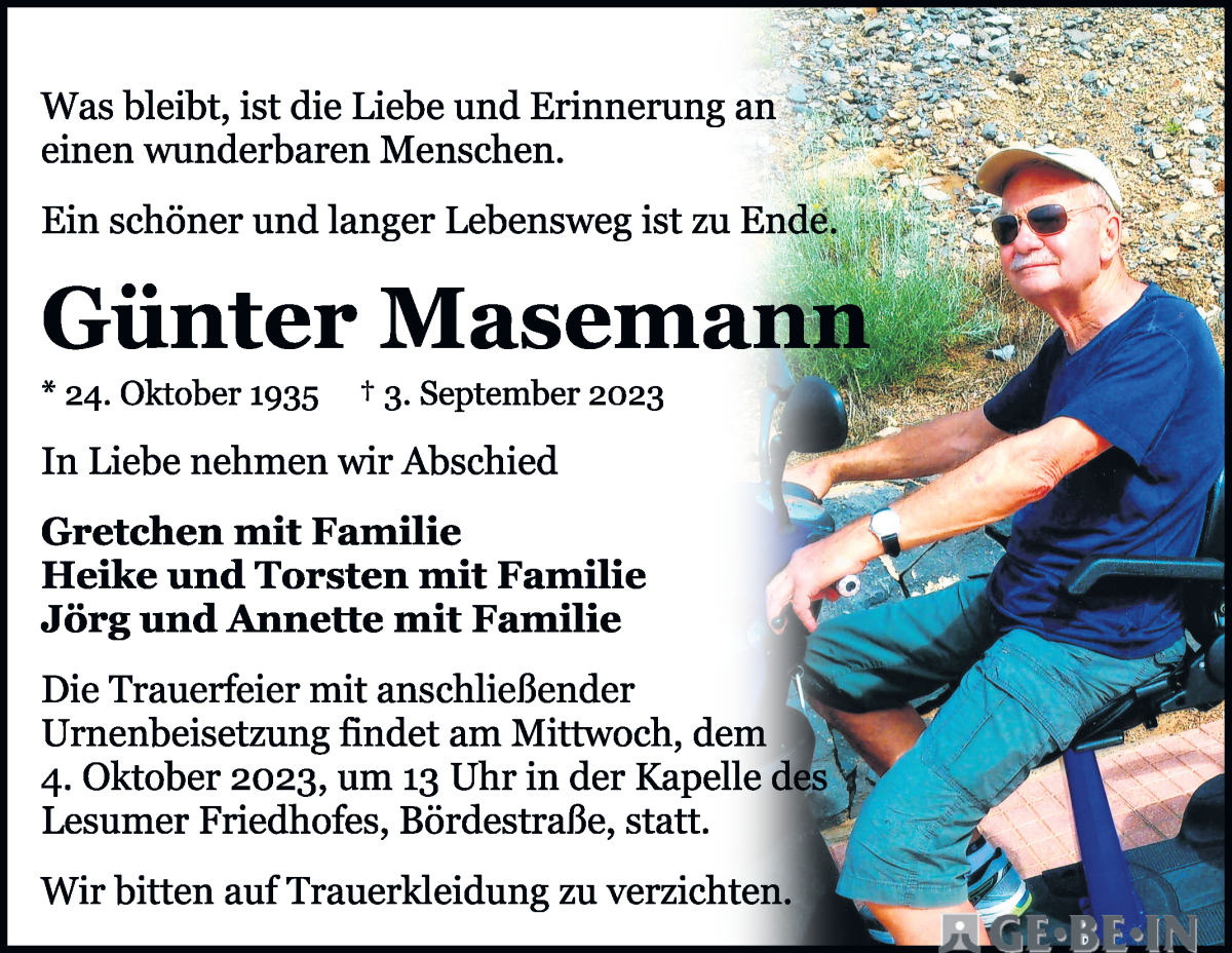 Traueranzeige von Günter Masemann von WESER-KURIER