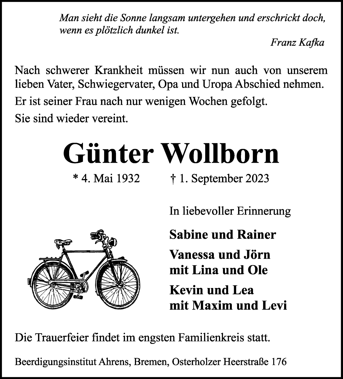 Traueranzeige von Günter Wollborn von WESER-KURIER