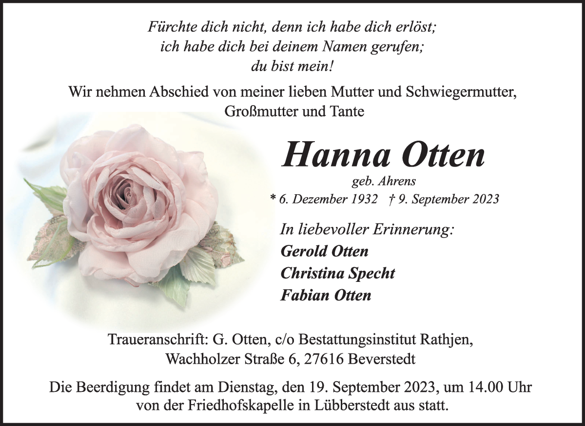 Traueranzeige von Hanna Otten von Osterholzer Kreisblatt