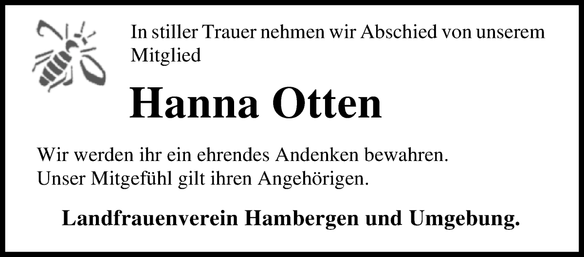Traueranzeige von Hanna Otten von Osterholzer Kreisblatt