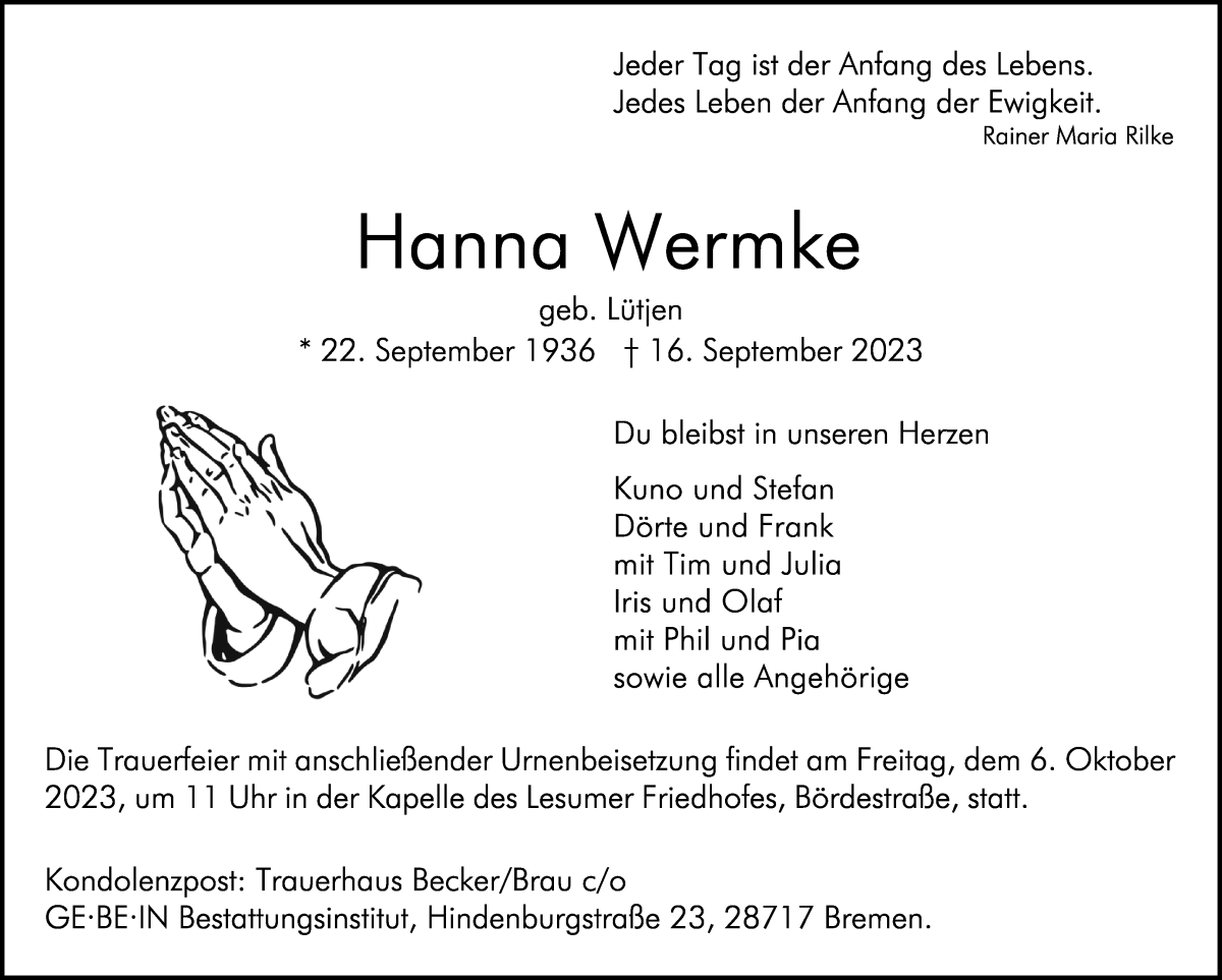 Traueranzeige von Hanna Wermke von Osterholzer Kreisblatt