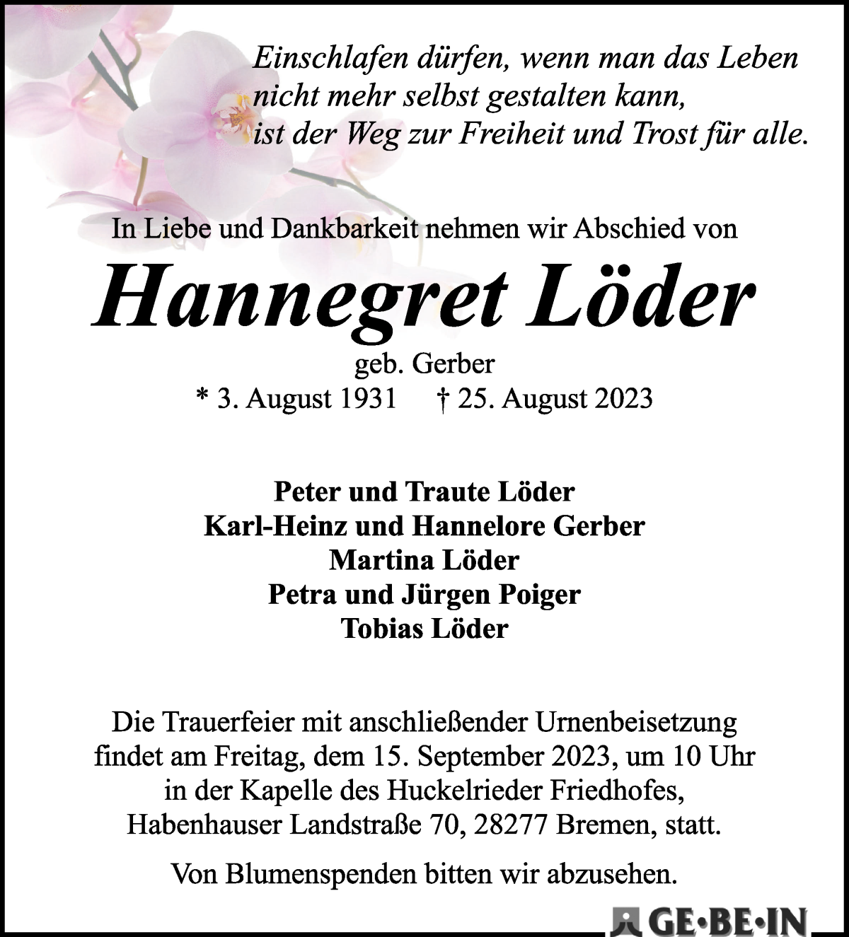 Traueranzeige von Hannegret Löder von WESER-KURIER