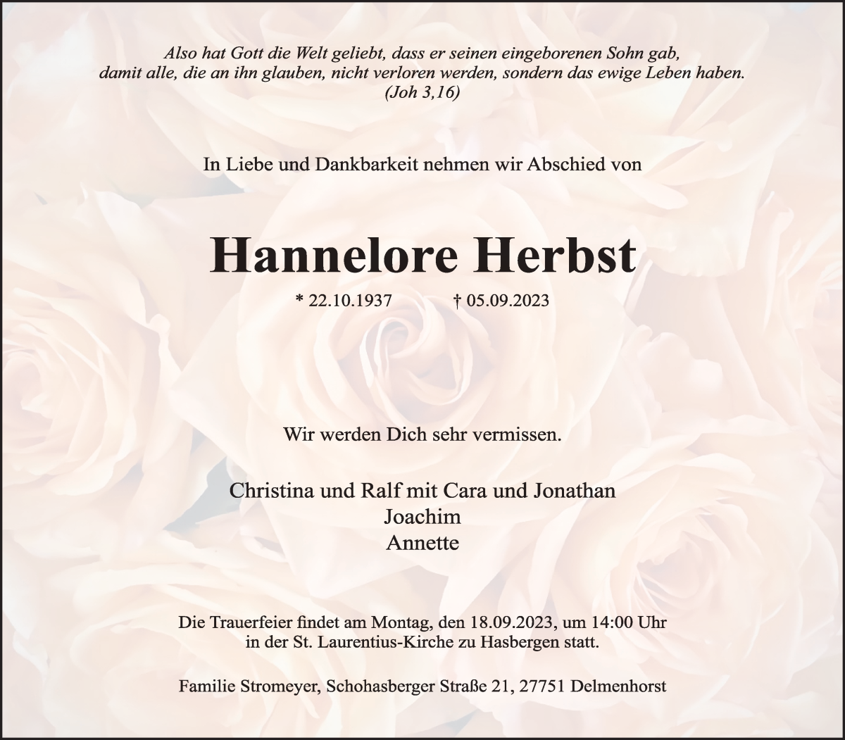 Traueranzeige von Hannelore Herbst von Delmenhorster Kurier