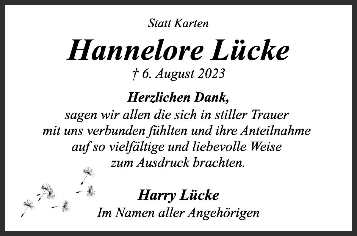 Traueranzeige von Hannelore Lücke von WESER-KURIER
