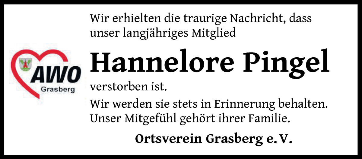 Traueranzeige von Hannelore Pingel von Wuemme Zeitung