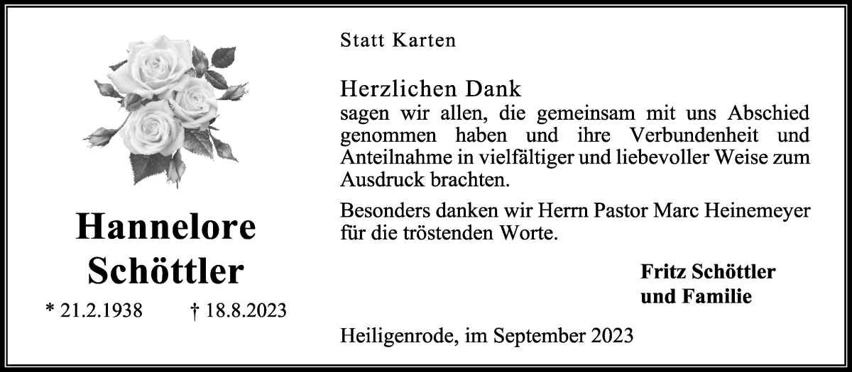 Traueranzeige von Hannelore Schöttler von Regionale Rundschau/Syker Kurier