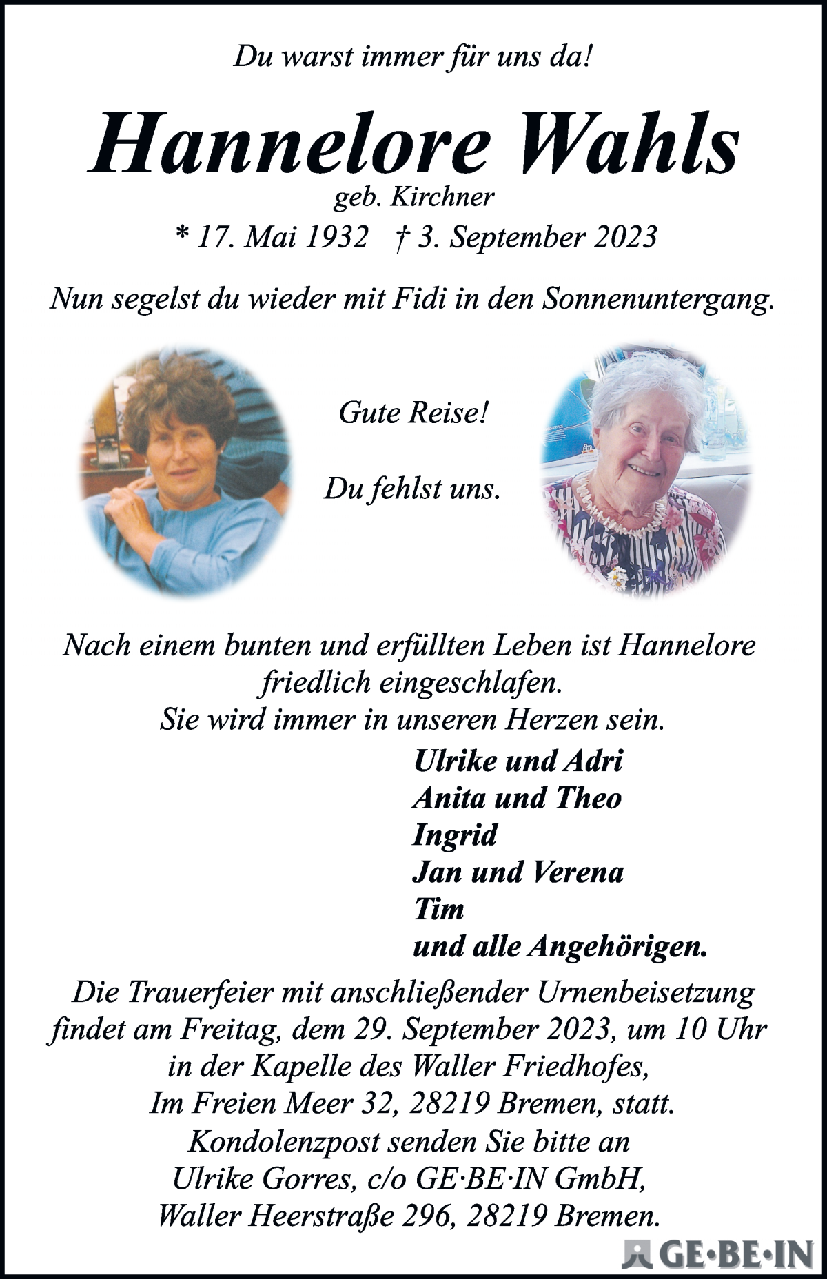 Traueranzeige von Hannelore Wahls von WESER-KURIER