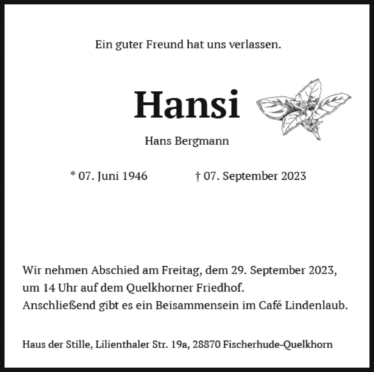 Traueranzeige von Hans Bergmann von WESER-KURIER