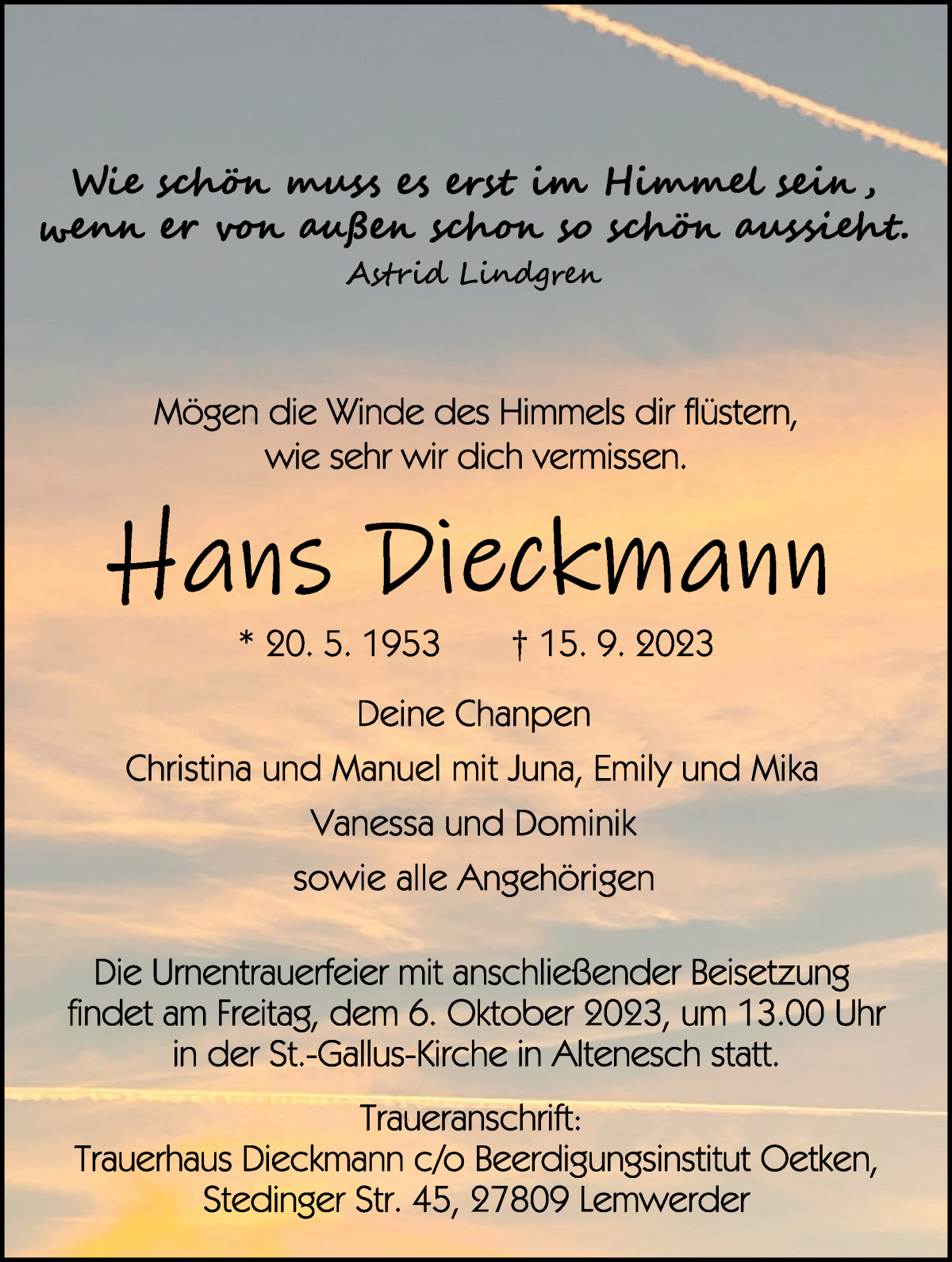 Traueranzeige von Hans Dieckmann von Die Norddeutsche