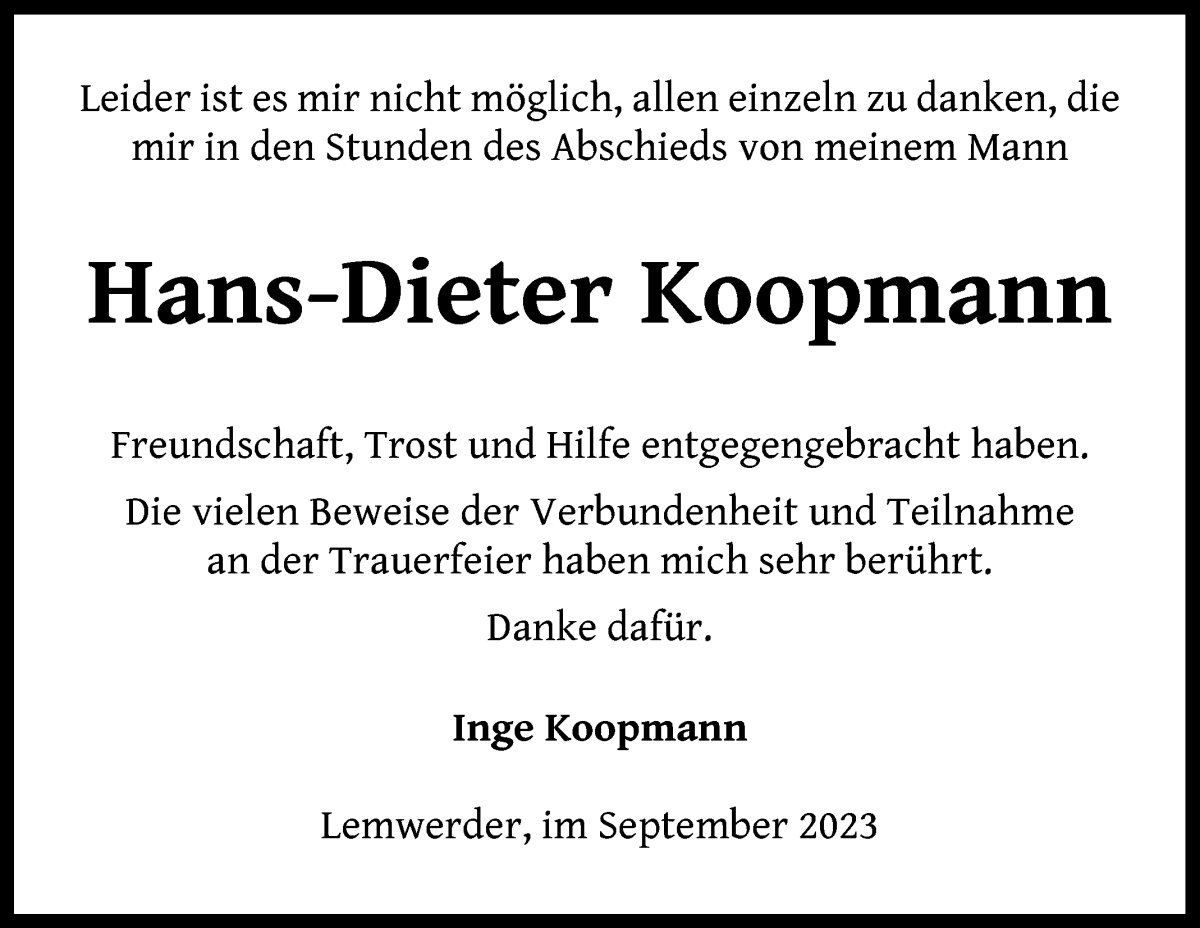 Traueranzeige von Hans-Dieter Koopmann von Die Norddeutsche