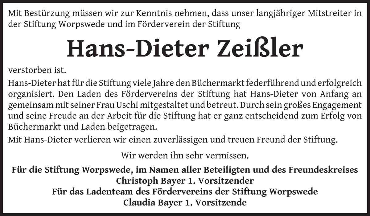 Traueranzeige von Hans-Dieter Zeißler von Wuemme Zeitung