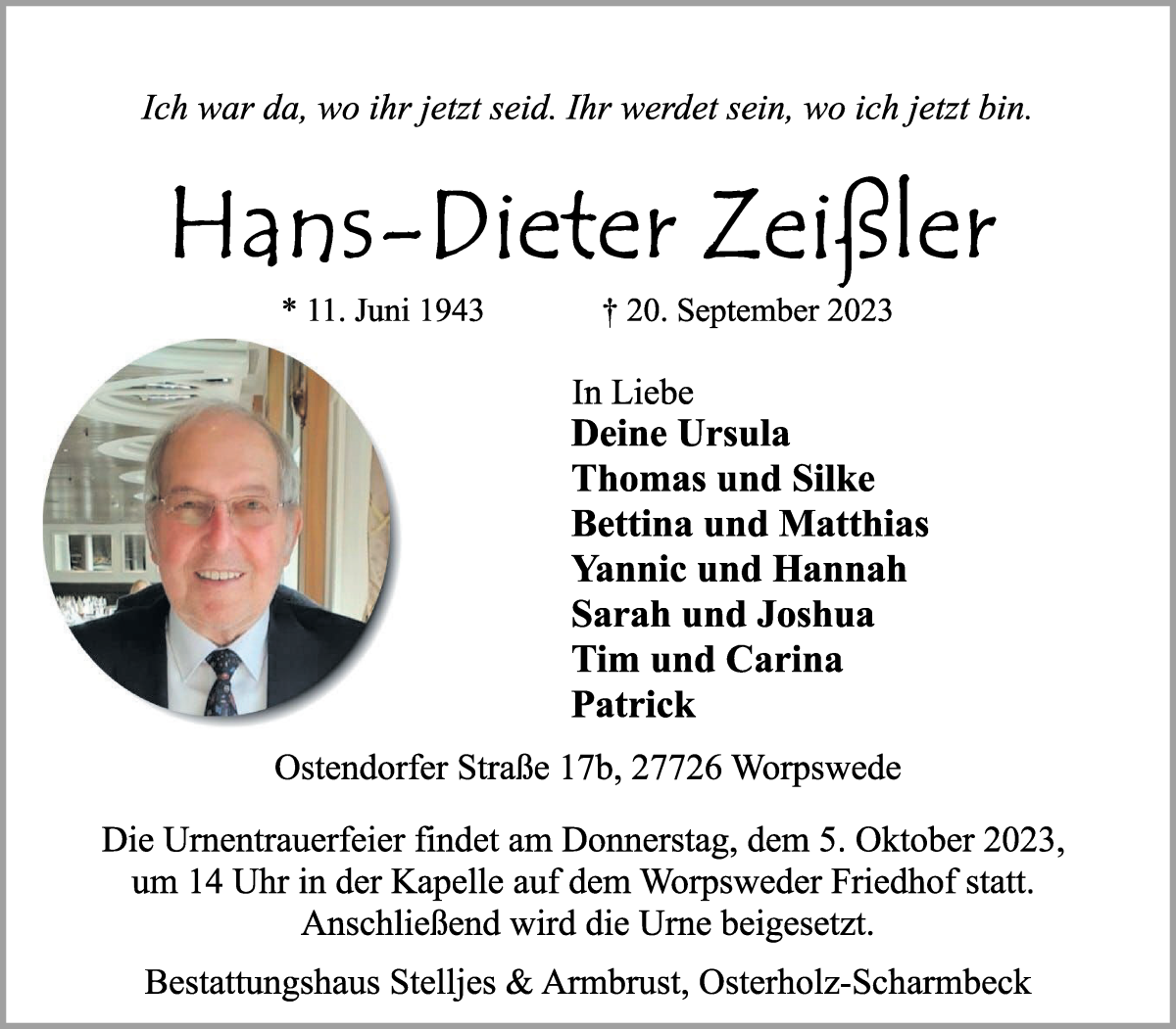 Traueranzeige von Hans-Dieter Zeißler von Wuemme Zeitung