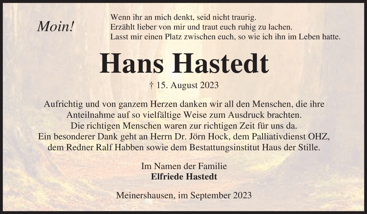 Traueranzeige von Hans Hastedt von Wuemme Zeitung