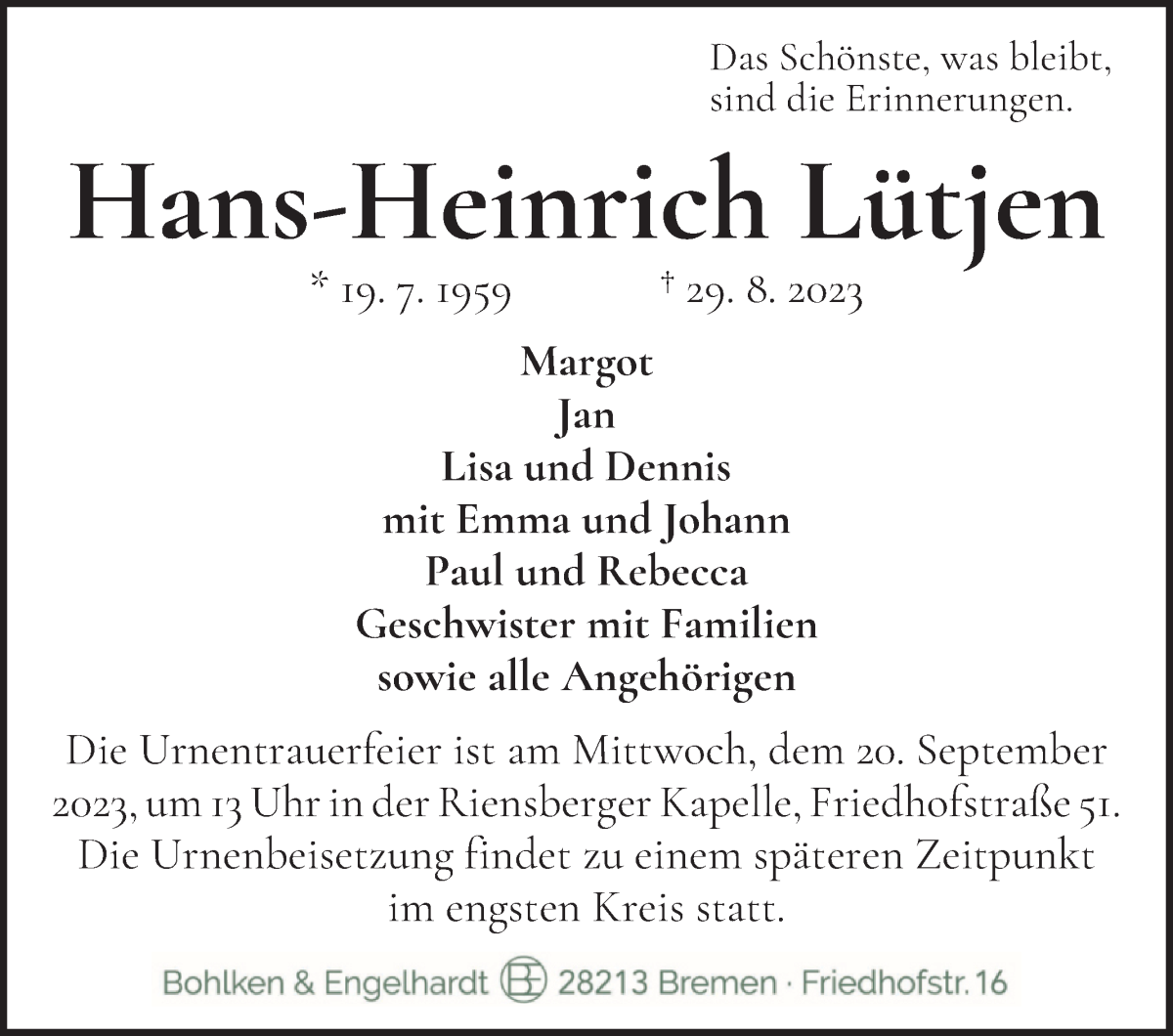 Traueranzeige von Hans-Heinrich Lütjen von WESER-KURIER