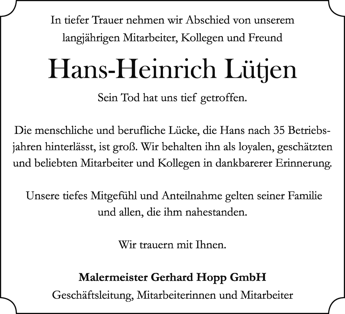 Traueranzeige von Hans-Heinrich Lütjen von WESER-KURIER