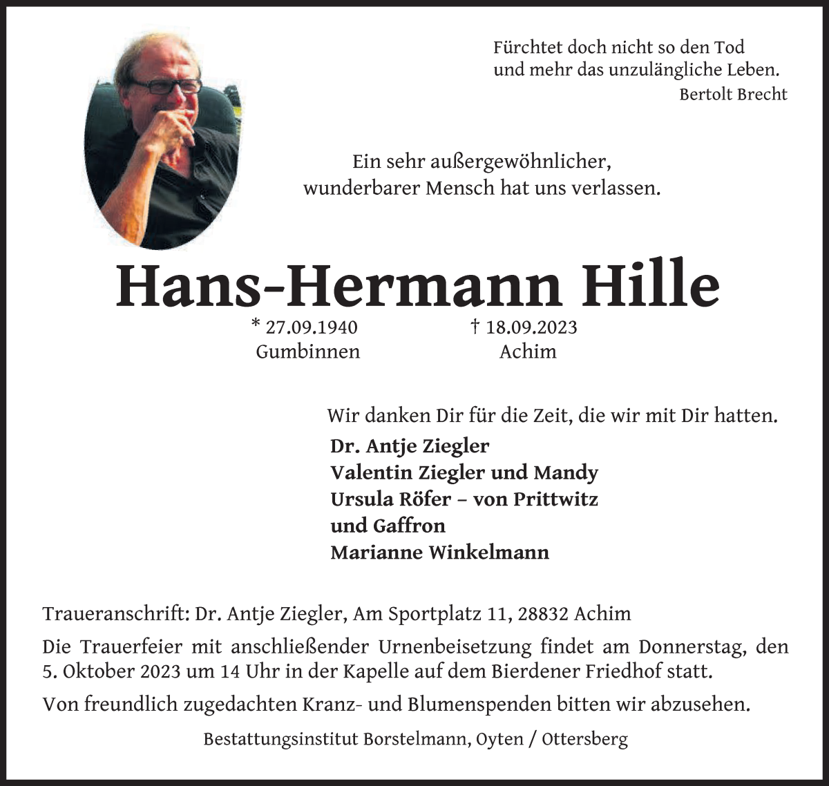 Traueranzeige von Hans-Hermann Hille von WESER-KURIER