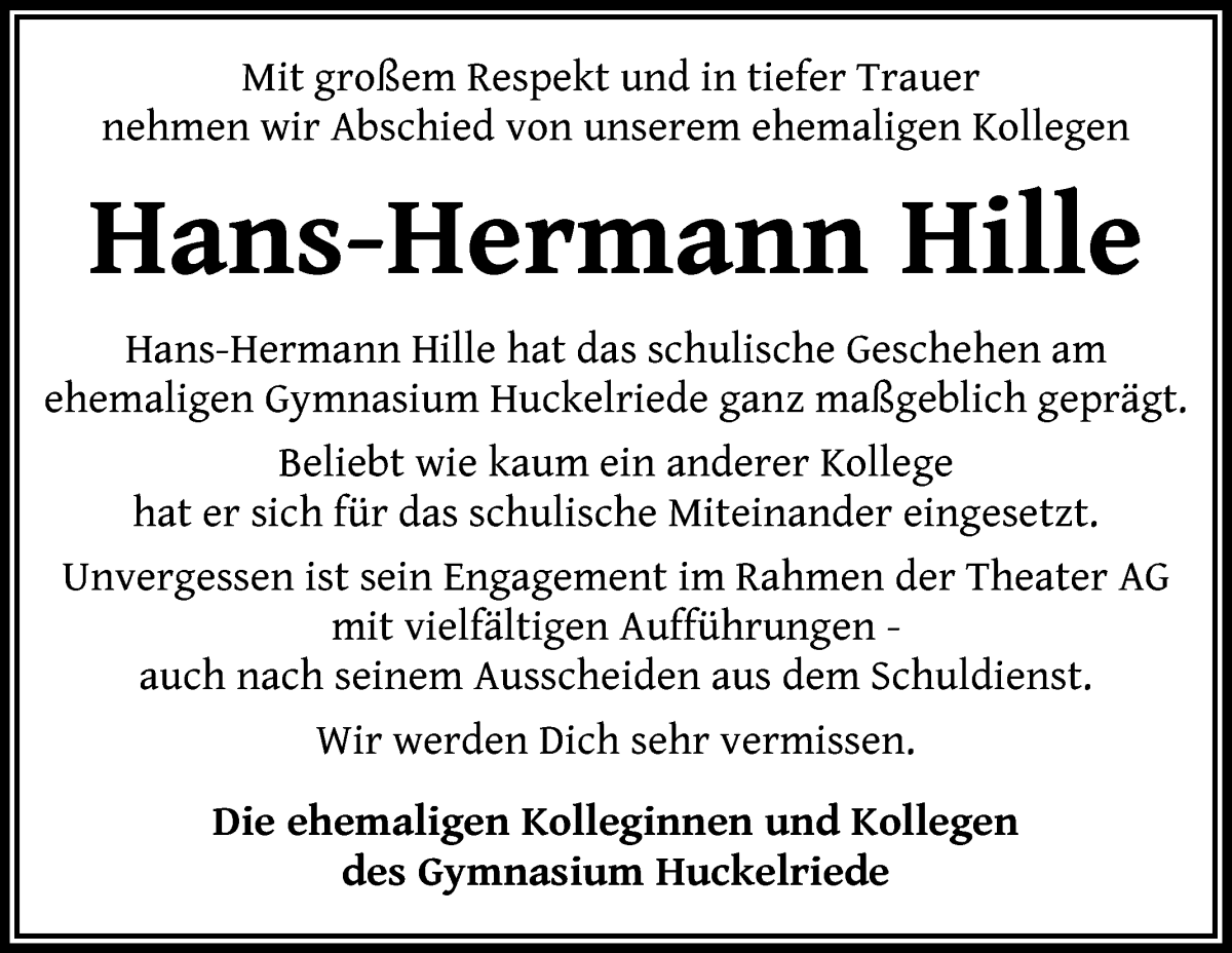 Traueranzeige von Hans-Hermann Hille von WESER-KURIER