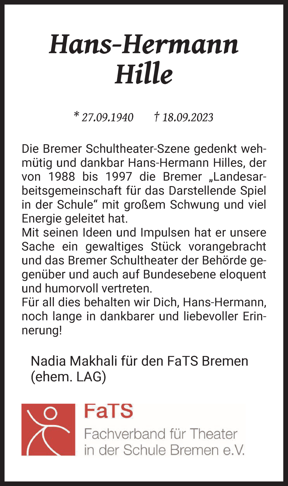 Traueranzeige von Hans-Hermann Hille von WESER-KURIER