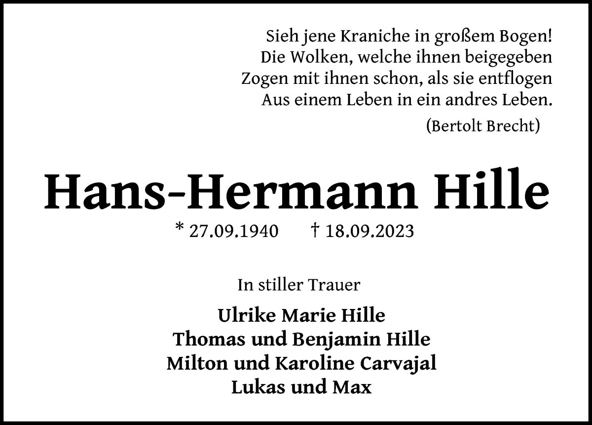 Traueranzeige von Hans-Hermann Hille von WESER-KURIER