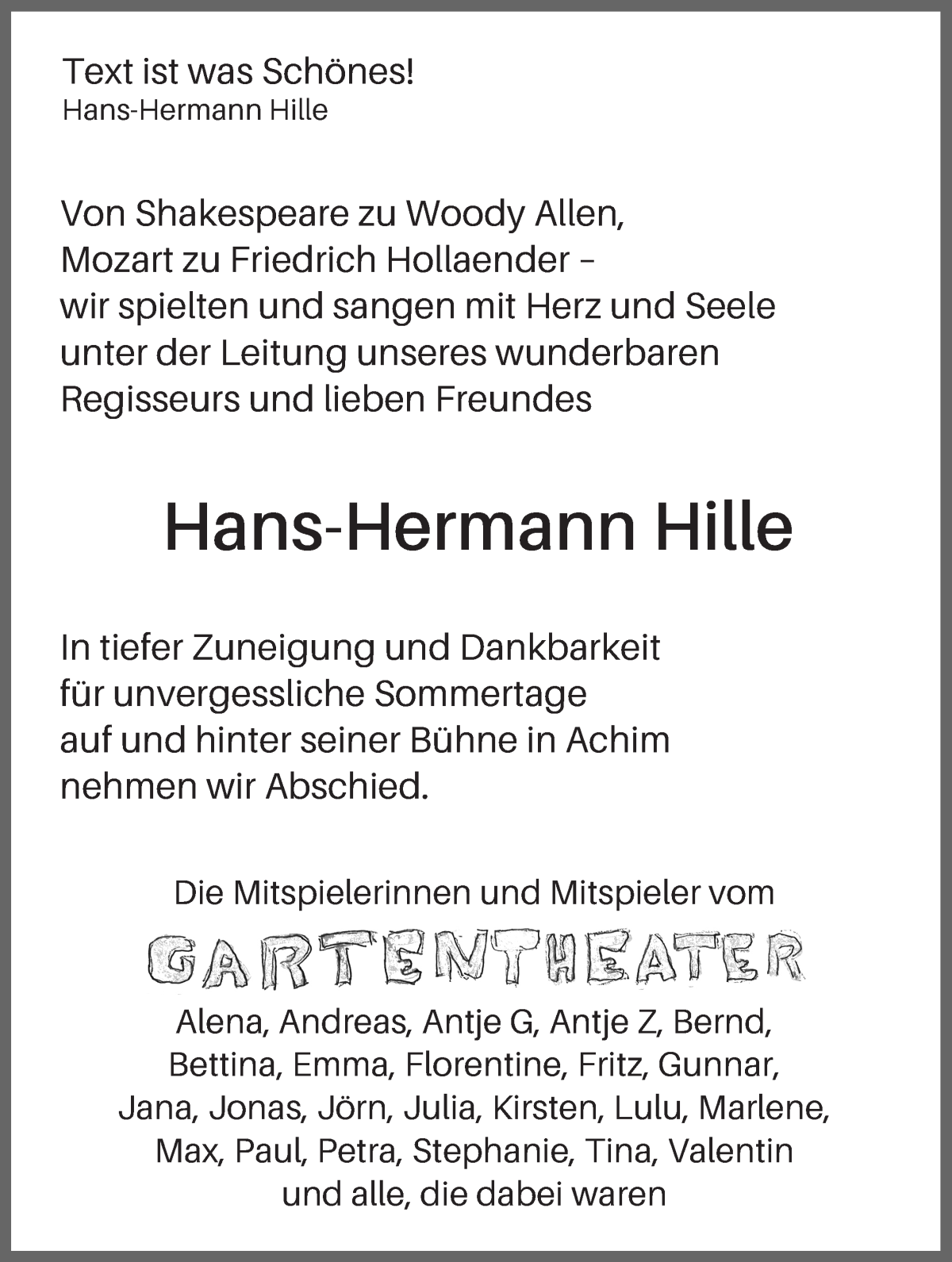 Traueranzeige von Hans-Hermann Hille von WESER-KURIER