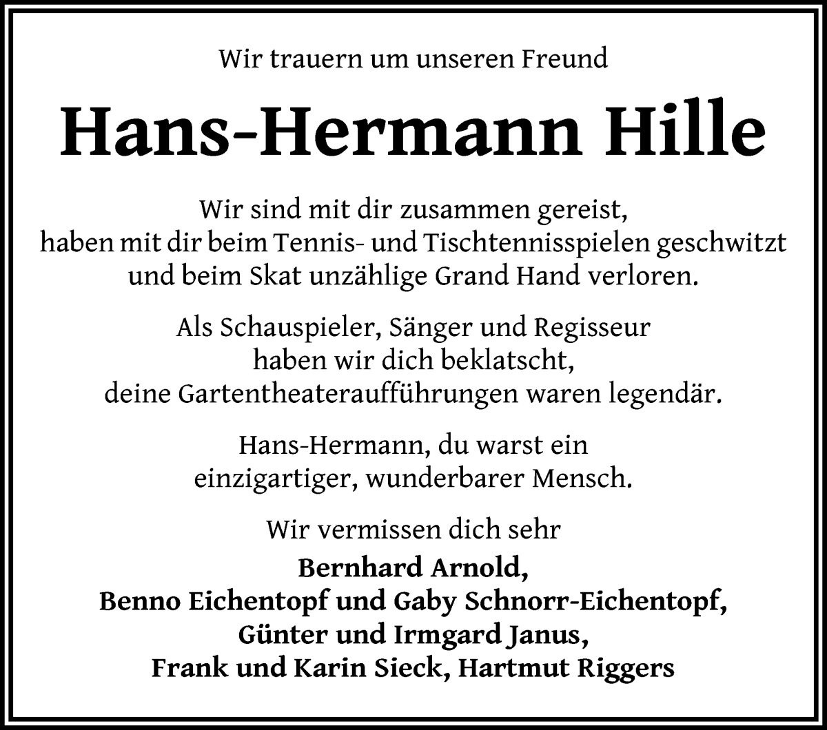 Traueranzeige von Hans-Hermann Hille von WESER-KURIER